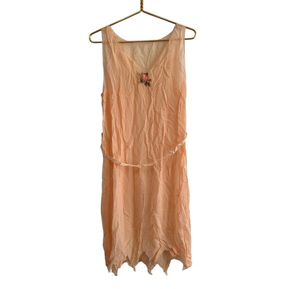 Vintage Dresses & Skirts - Antique 1920's Belted Scalloped Hem Floral Embroidered Slip Dress Vintage